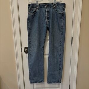 Levis 501 36x34 Jeans Straight Leg Button Fly Blue Distressed Classic Iconic